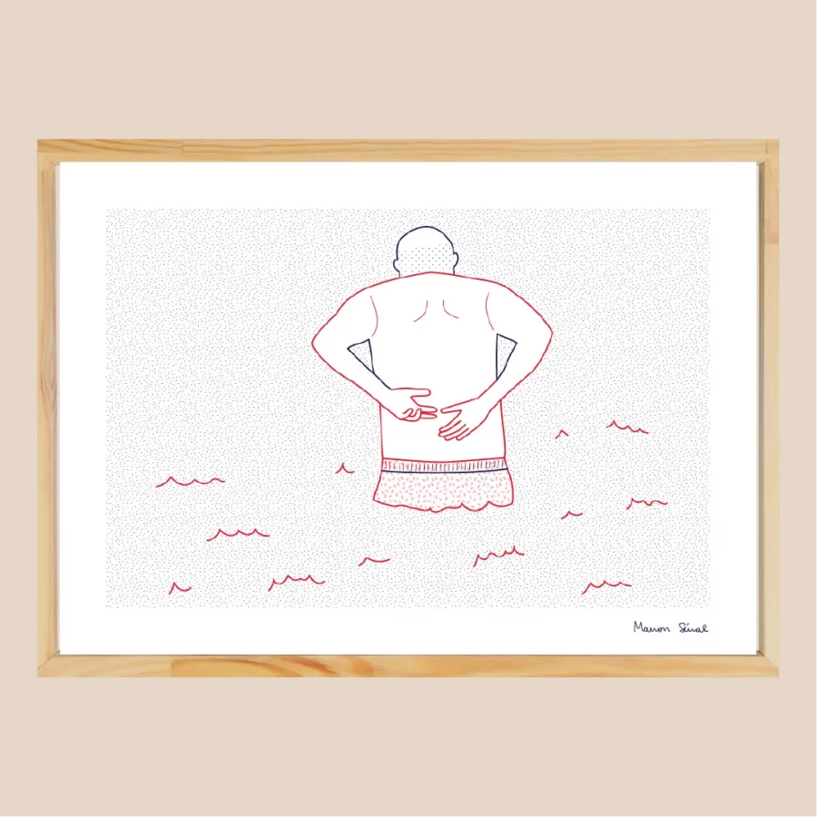 Affiche illustrée graphique trait fin d'un homme de dos à la plage