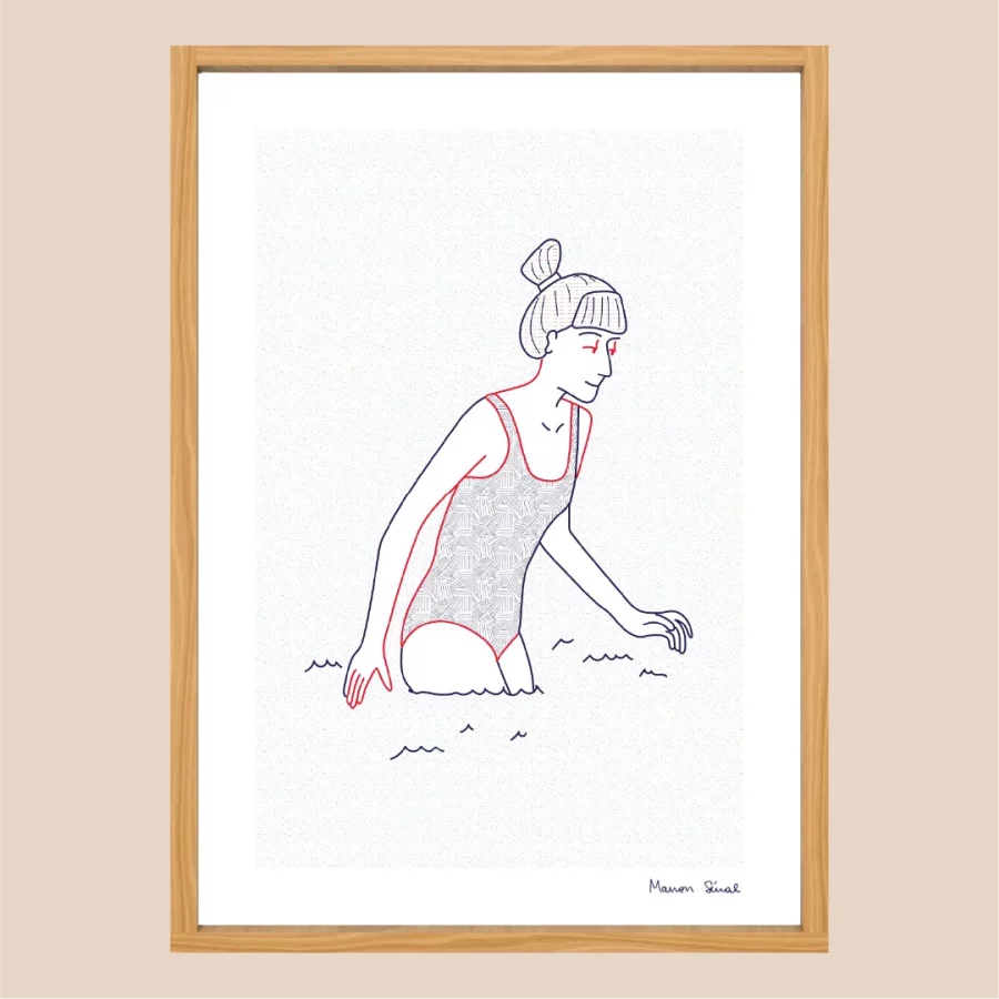 Affiche trait fin baigneuse à la plage en maillot de bain