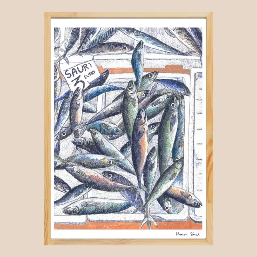 Illustration d'une étale de poissons réalisée à la main imprimée en France